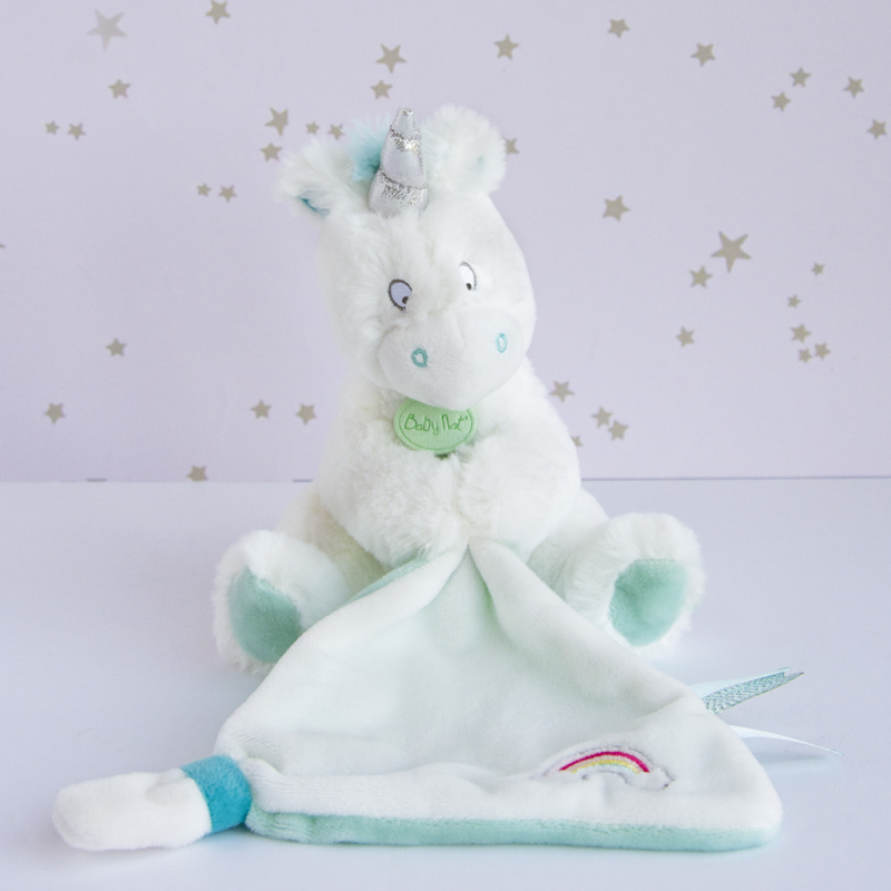  baby comforter with unicorn white blue  